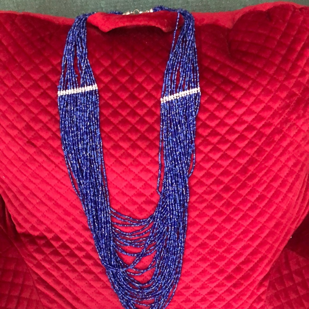 Long 19” approx Blue Beaded necklace w/rhinestones